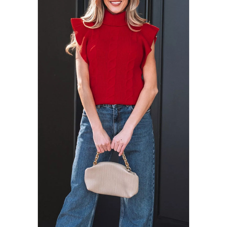 Cable Knit Turtleneck Ruffled Short Sleeve Sweater Apparel and Accessories