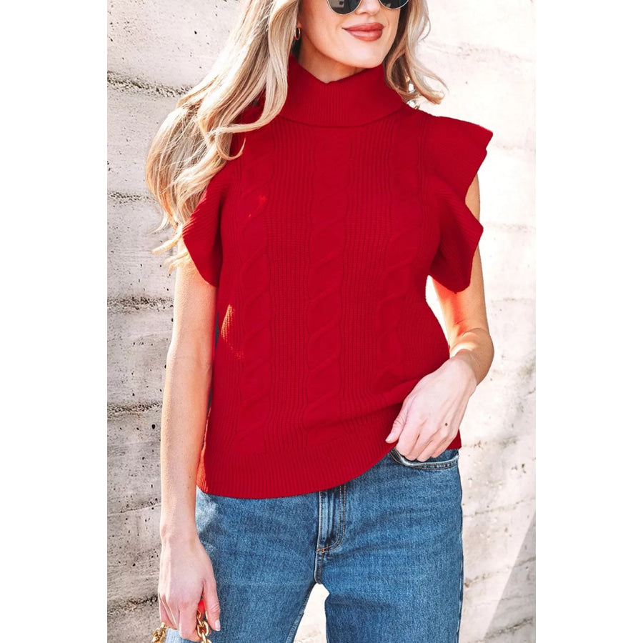 Cable Knit Turtleneck Ruffled Short Sleeve Sweater Apparel and Accessories