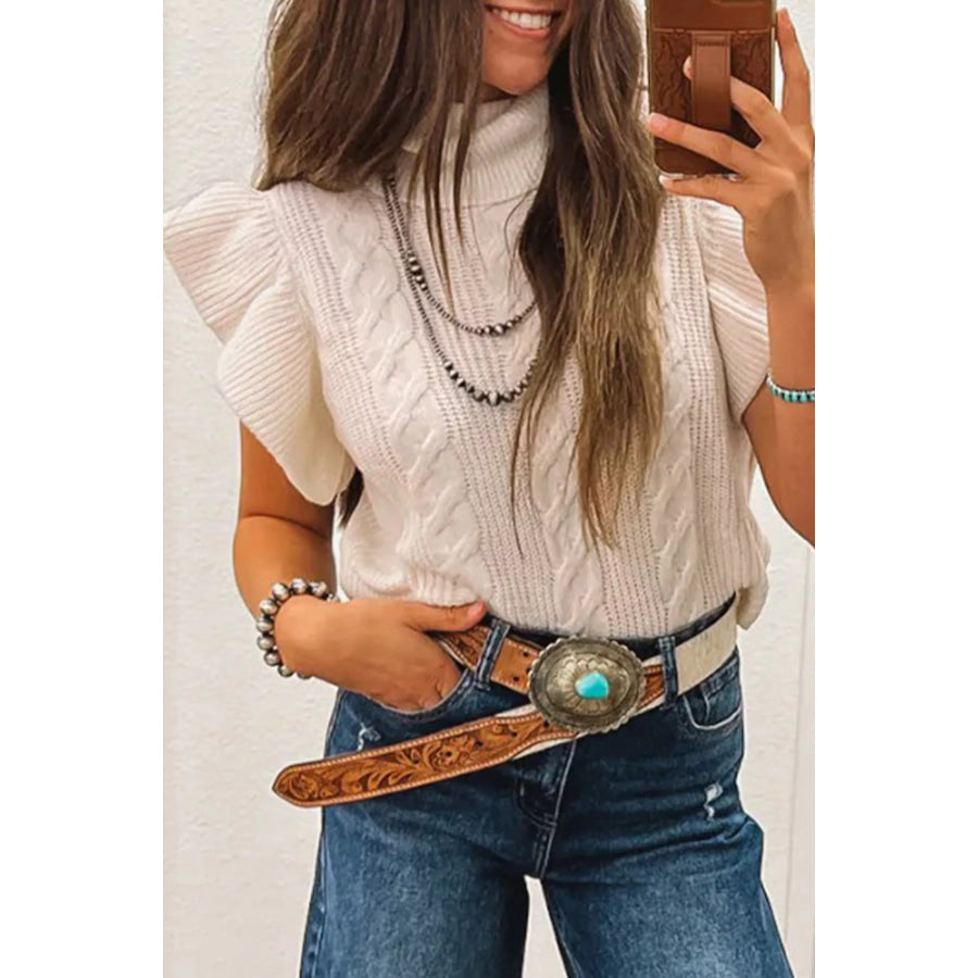 Cable Knit Turtleneck Ruffled Short Sleeve Sweater Apparel and Accessories