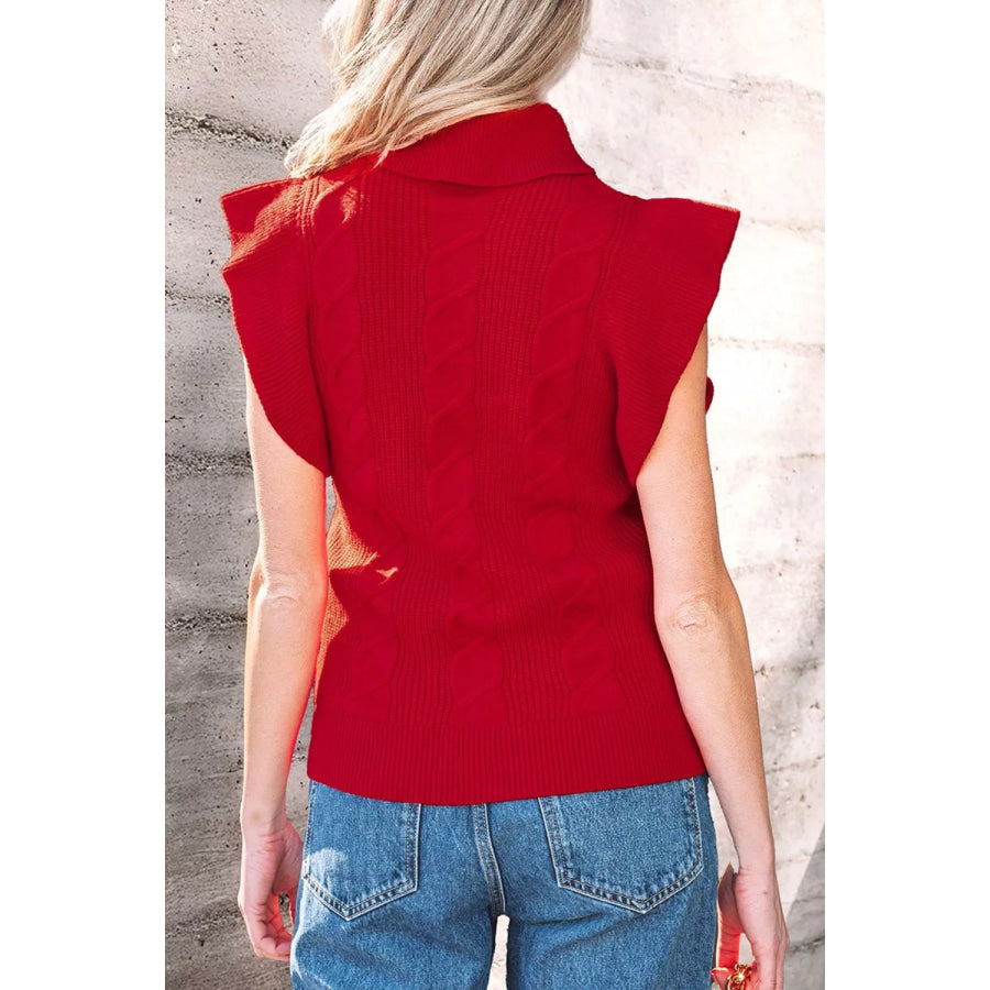 Cable Knit Turtleneck Ruffled Short Sleeve Sweater Apparel and Accessories