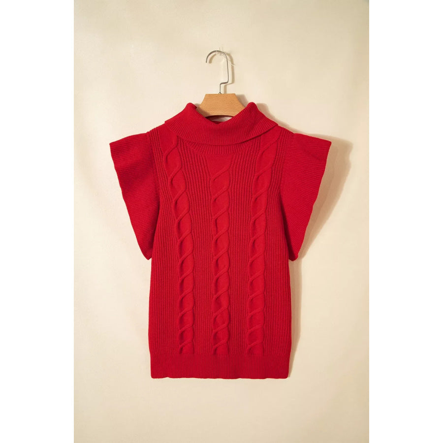 Cable Knit Turtleneck Ruffled Short Sleeve Sweater Apparel and Accessories