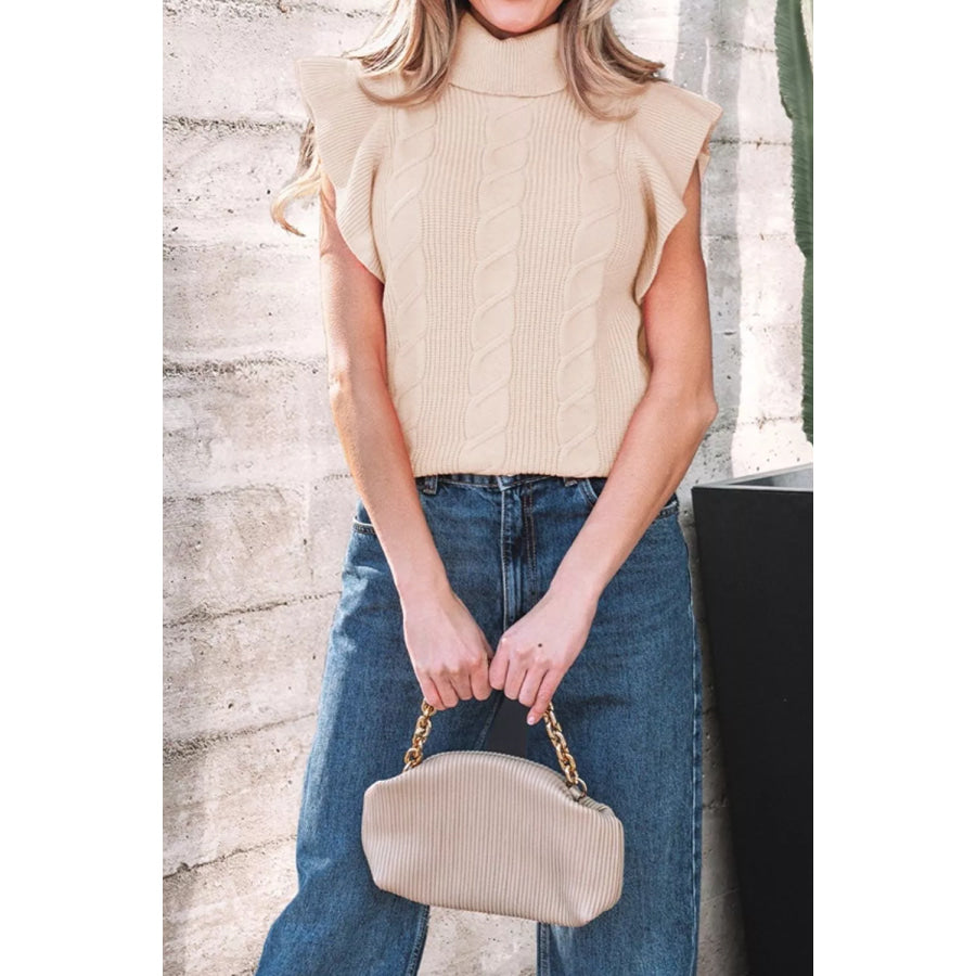 Cable Knit Turtleneck Ruffled Short Sleeve Sweater Beige / S Apparel and Accessories