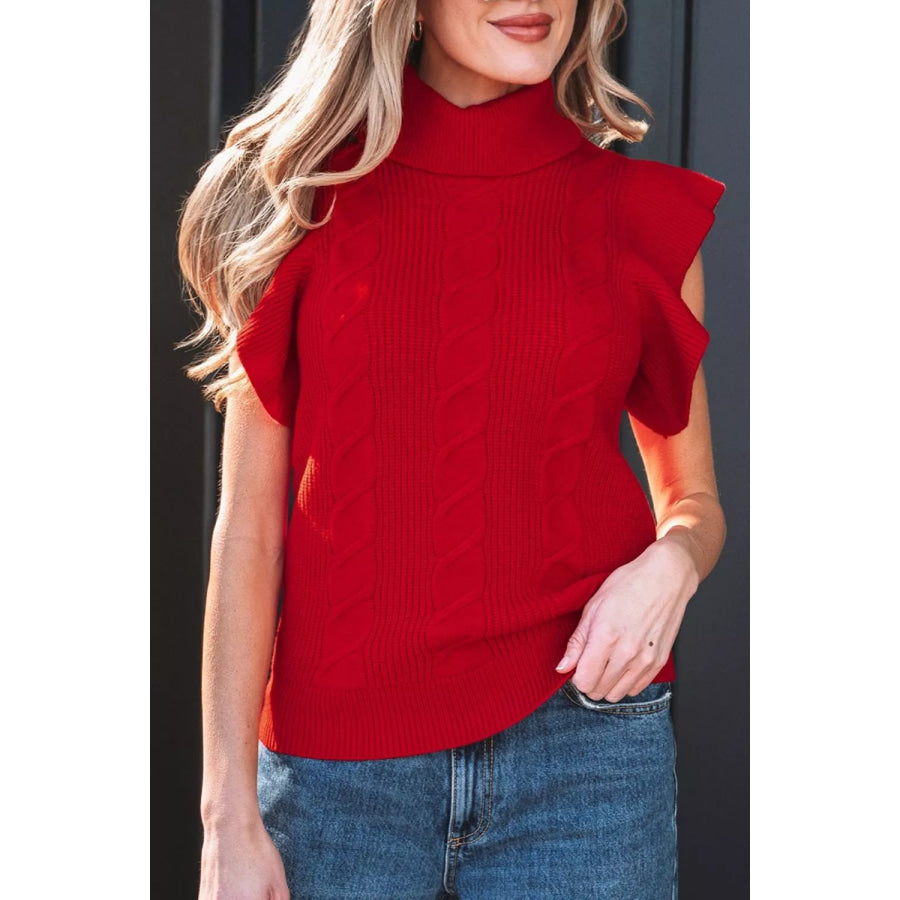 Cable Knit Turtleneck Ruffled Short Sleeve Sweater Scarlet / S Apparel and Accessories