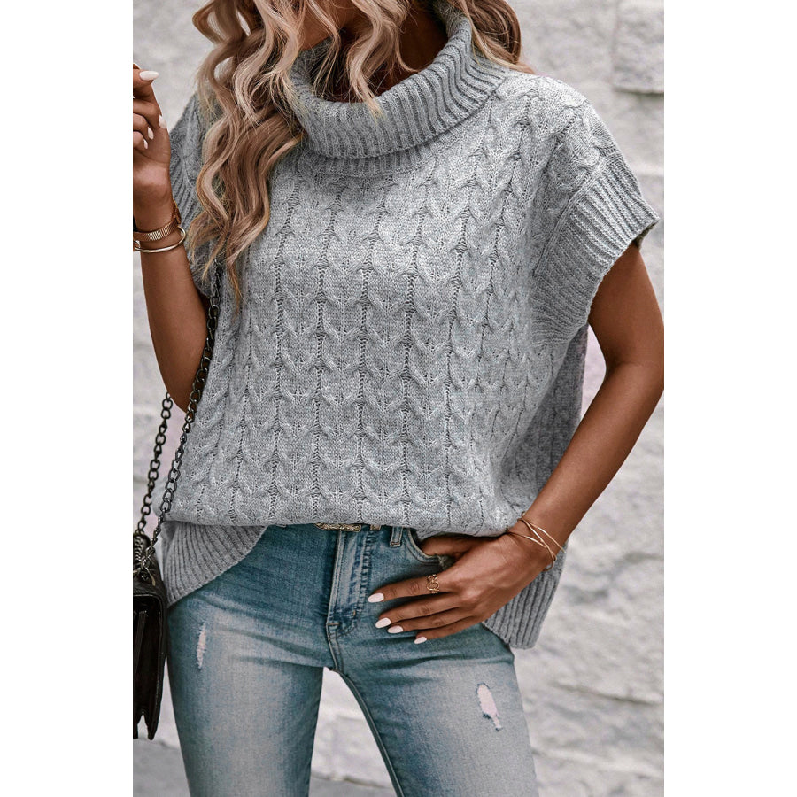 Cable Knit Turtleneck Short Sleeve Sweater Apparel and Accessories