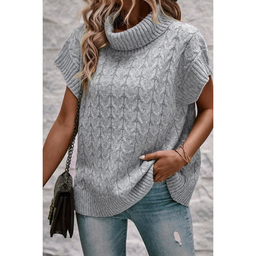 Cable Knit Turtleneck Short Sleeve Sweater Apparel and Accessories