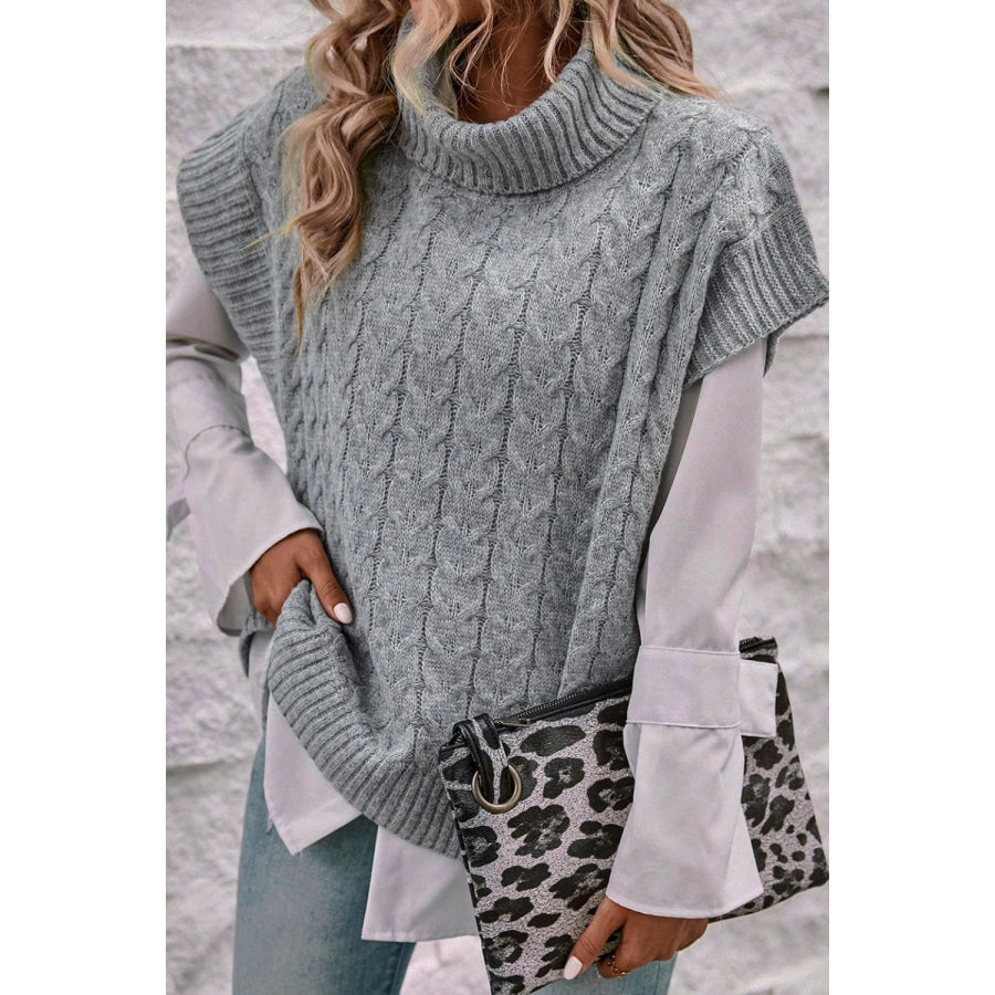 Cable Knit Turtleneck Short Sleeve Sweater Apparel and Accessories