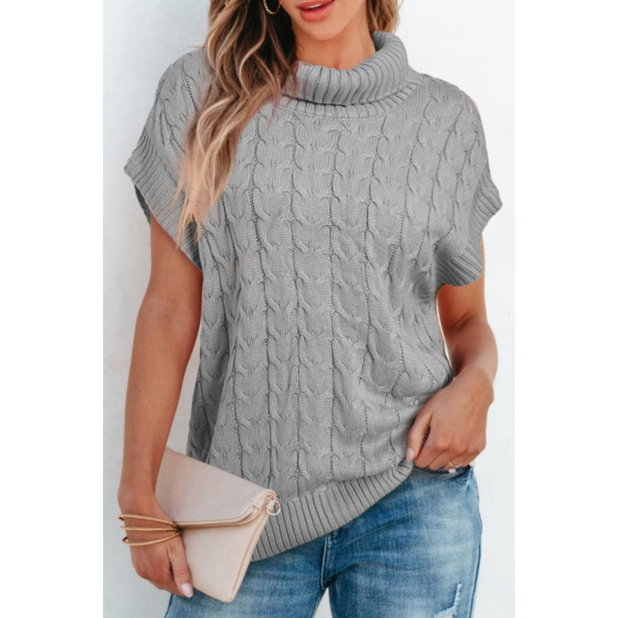 Cable Knit Turtleneck Short Sleeve Sweater Gray / S Apparel and Accessories