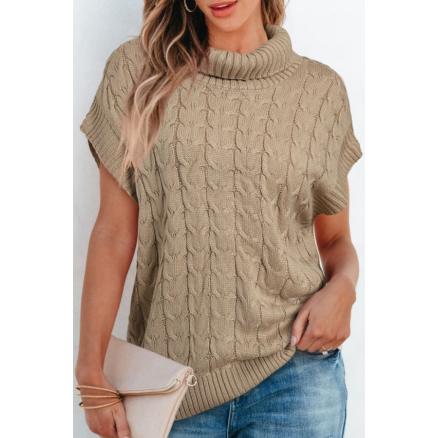 Cable Knit Turtleneck Short Sleeve Sweater Khaki / S Apparel and Accessories