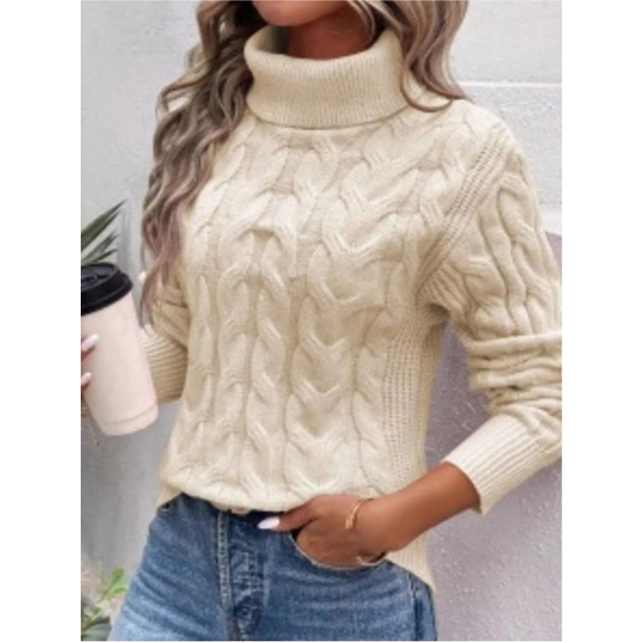 Cable-Knit Turtleneck Sweater Apricot / S Apparel and Accessories