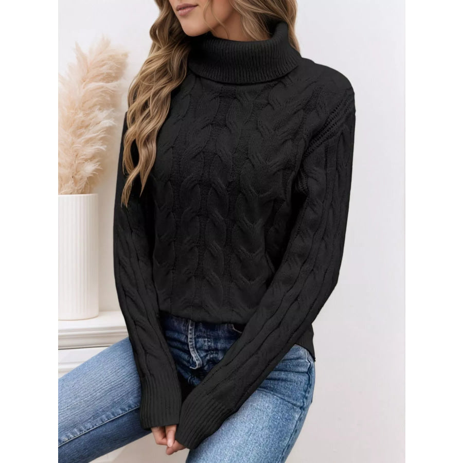 Cable-Knit Turtleneck Sweater Black / S Apparel and Accessories