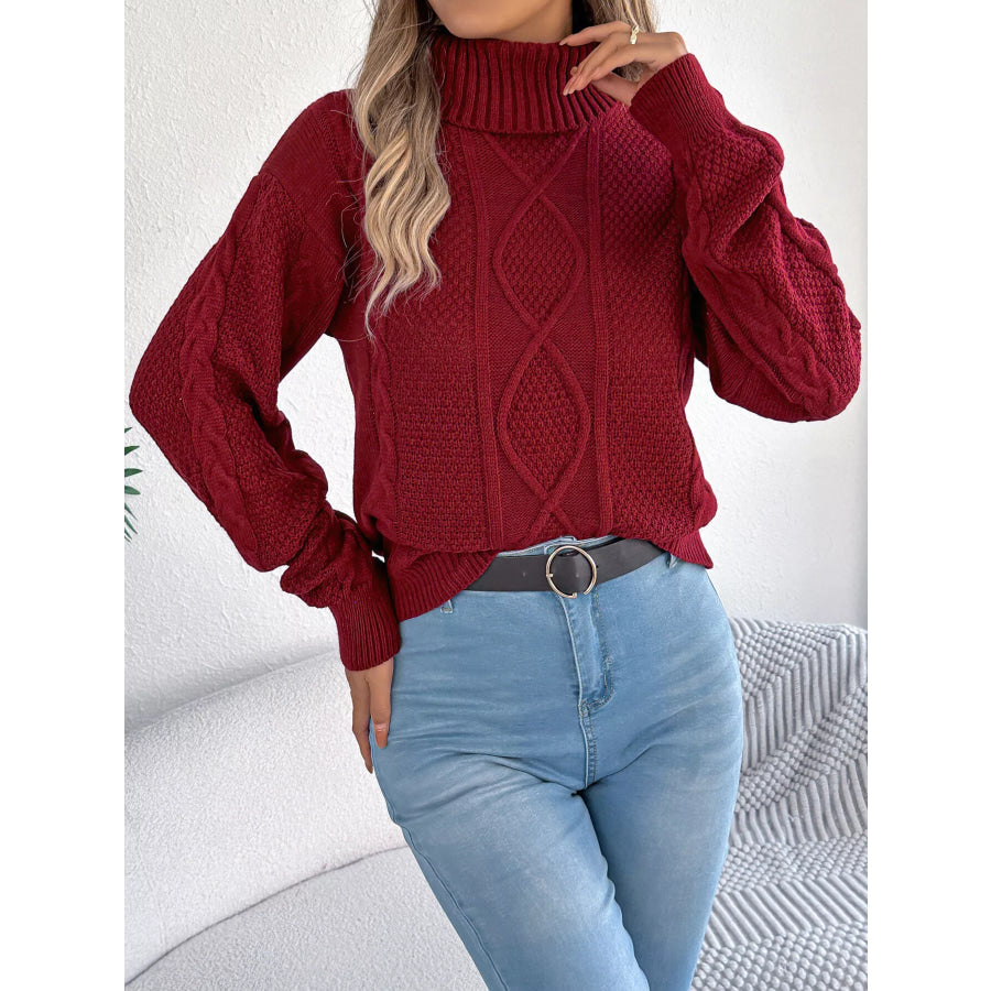 Cable Knit Turtleneck Sweater Burgundy / S Apparel and Accessories