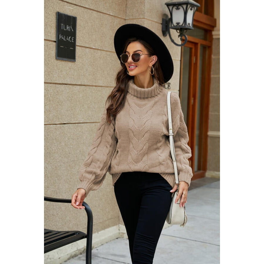 Cable-Knit Turtleneck Sweater Camel / S Clothing