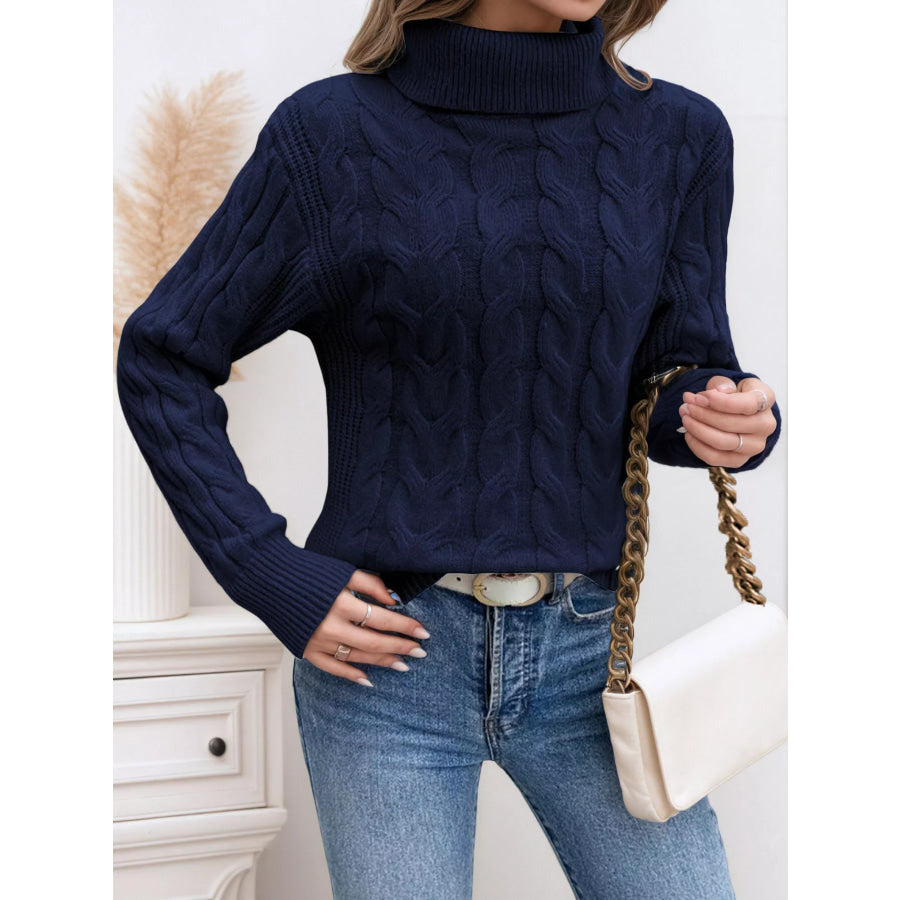 Cable-Knit Turtleneck Sweater Dark Blue / S Apparel and Accessories