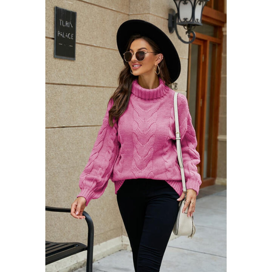 Cable-Knit Turtleneck Sweater Fuchsia Pink / S Clothing