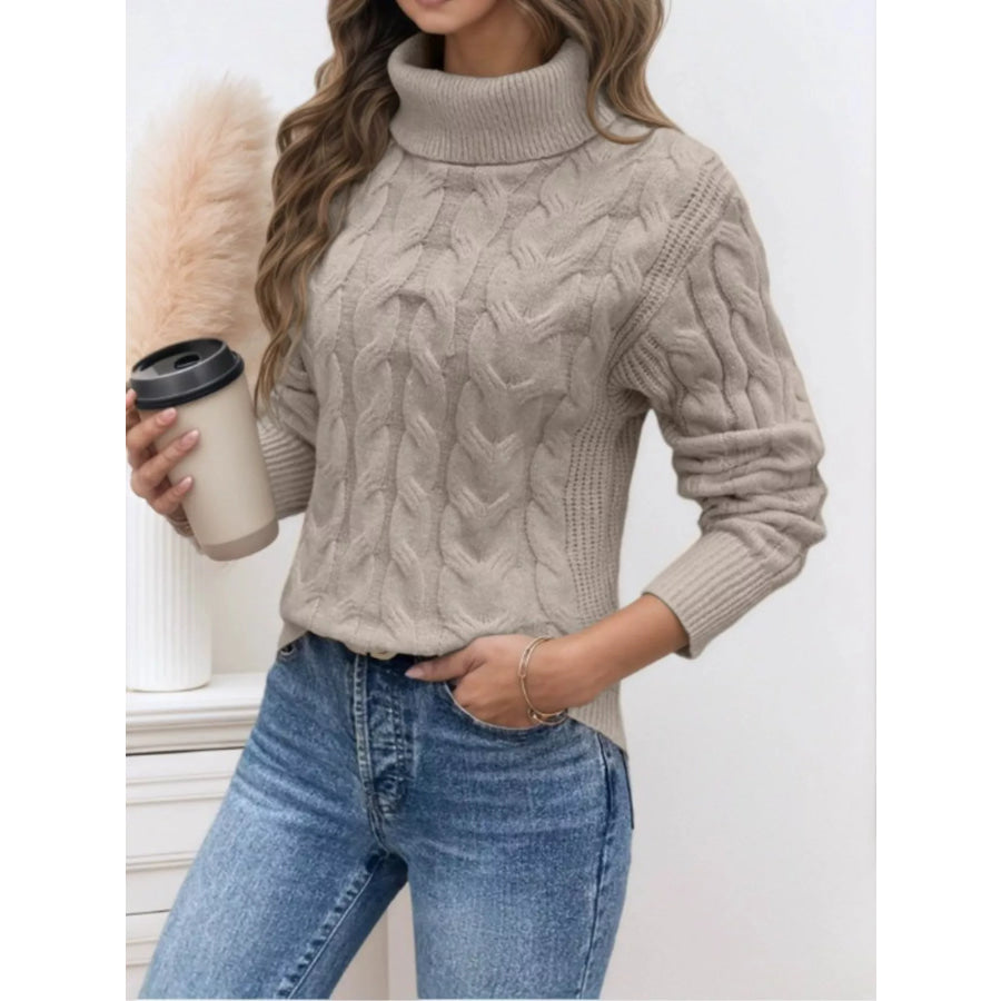 Cable-Knit Turtleneck Sweater Khaki / S Apparel and Accessories
