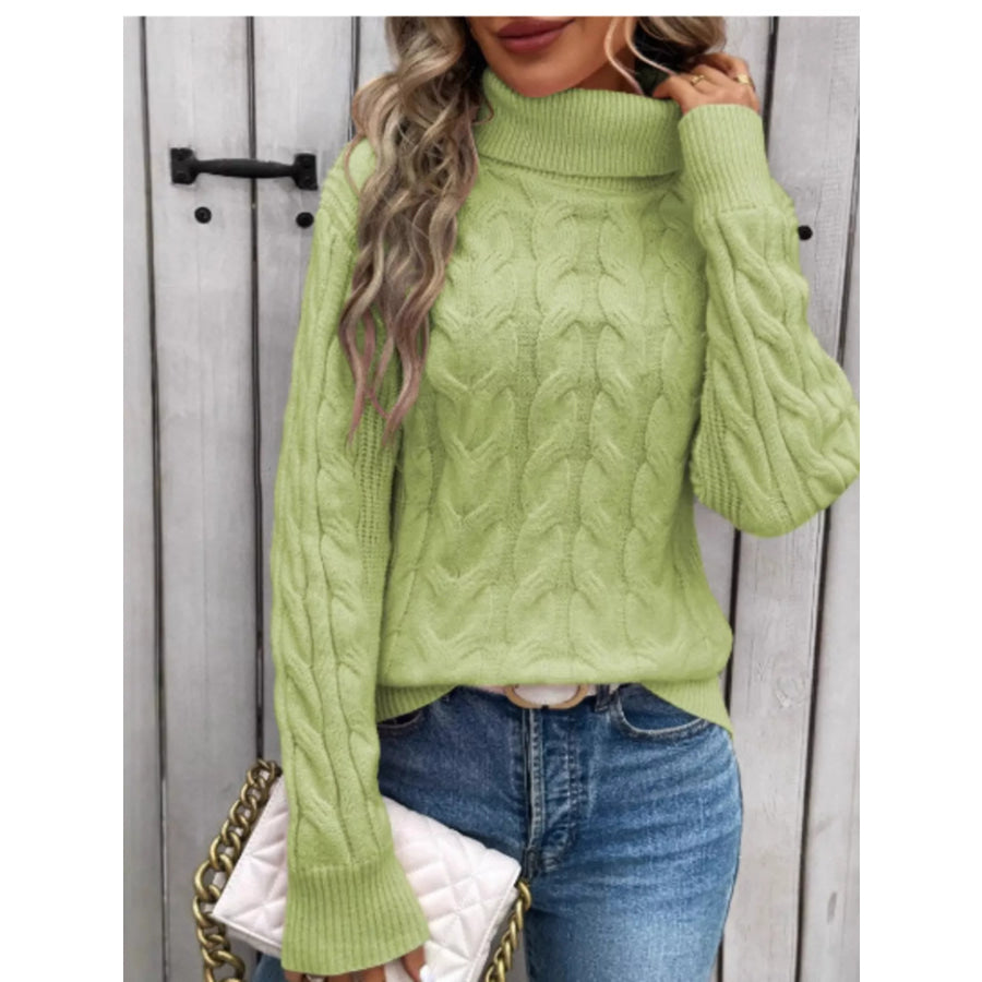 Cable-Knit Turtleneck Sweater Light Green / S Apparel and Accessories