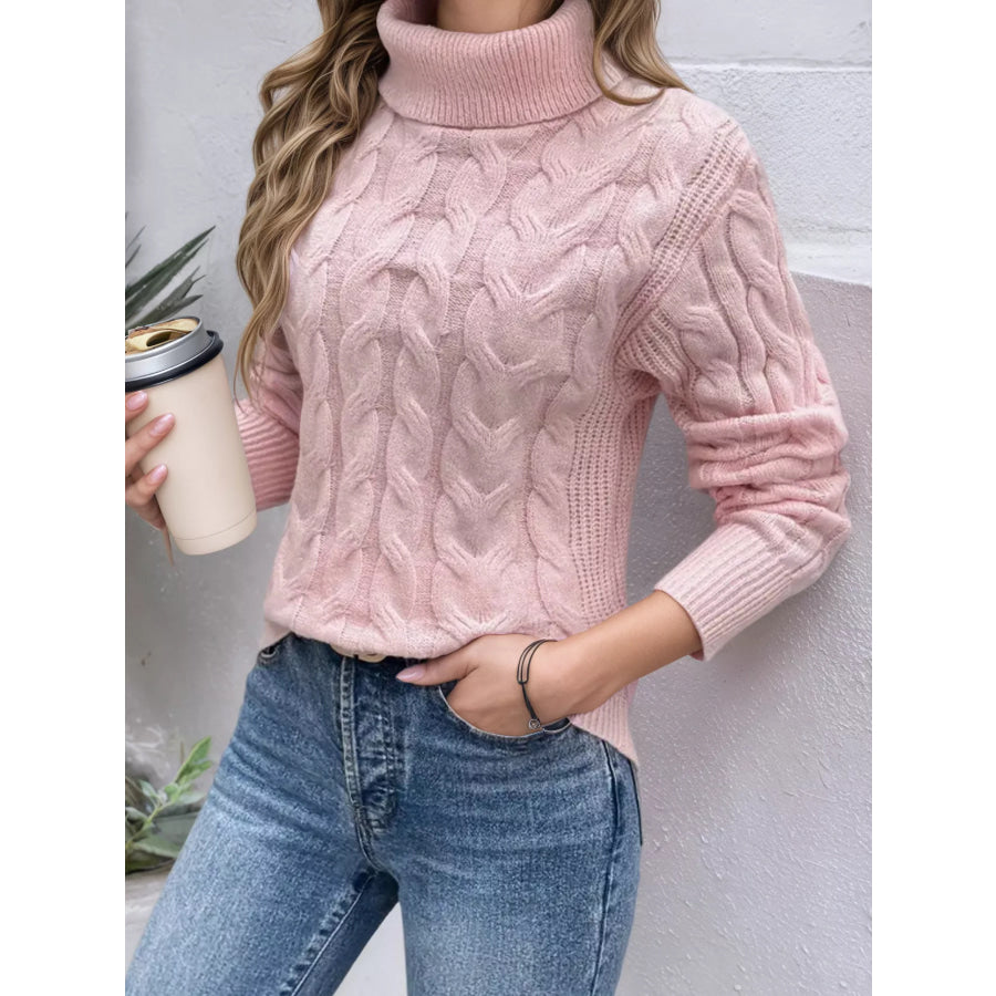 Cable-Knit Turtleneck Sweater Pink / S Apparel and Accessories