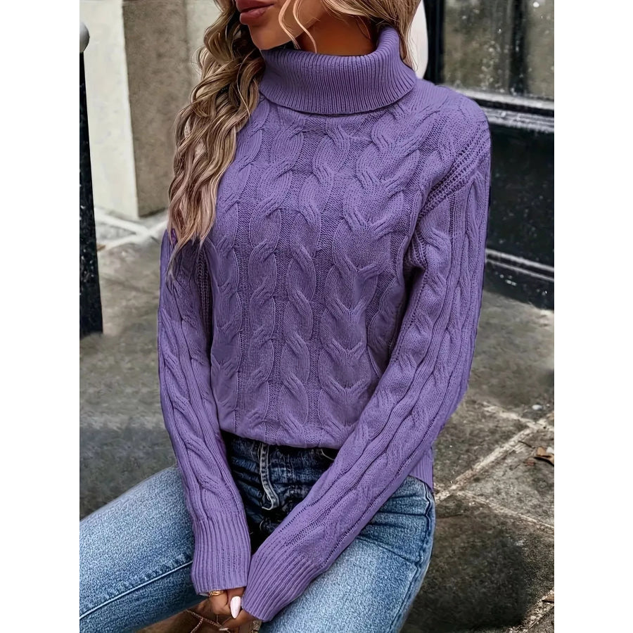 Cable-Knit Turtleneck Sweater Purple / S Apparel and Accessories