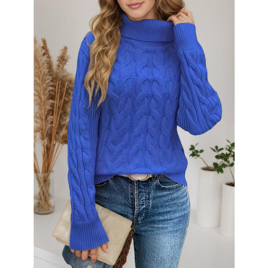 Cable-Knit Turtleneck Sweater Royal Blue / S Apparel and Accessories