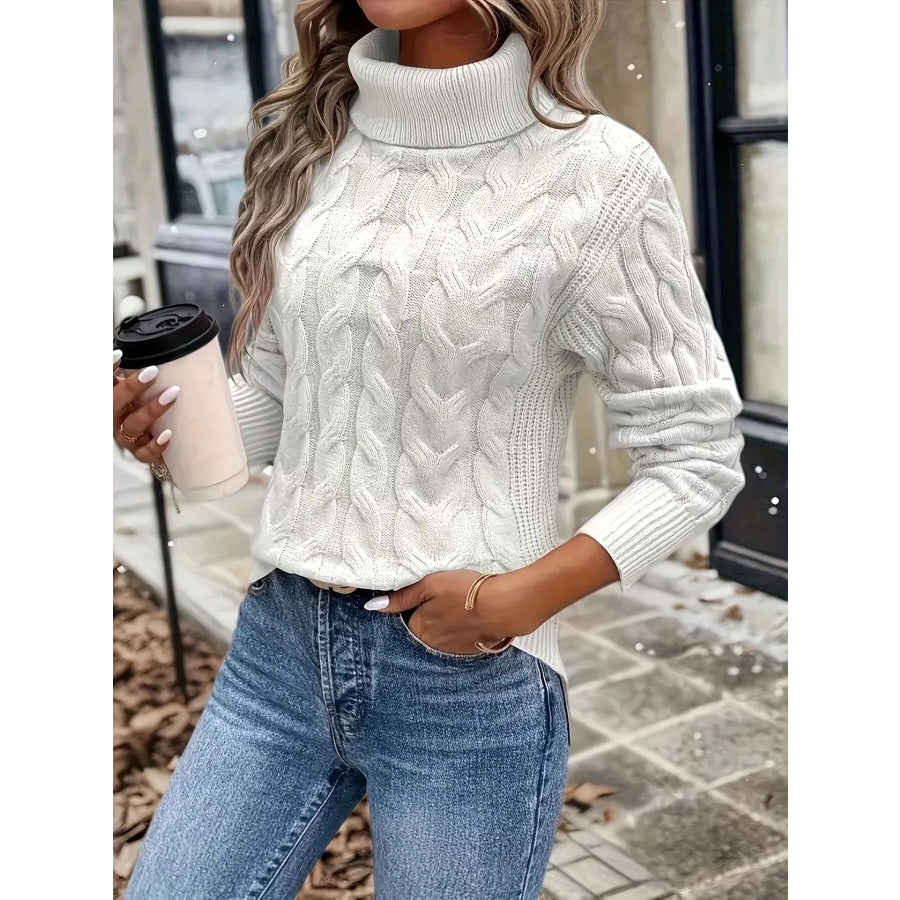 Cable-Knit Turtleneck Sweater White / S Apparel and Accessories