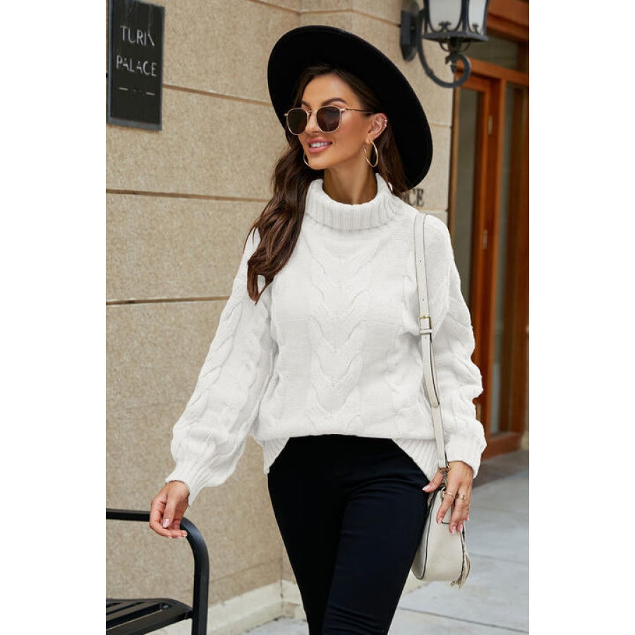 Cable-Knit Turtleneck Sweater White / S Clothing