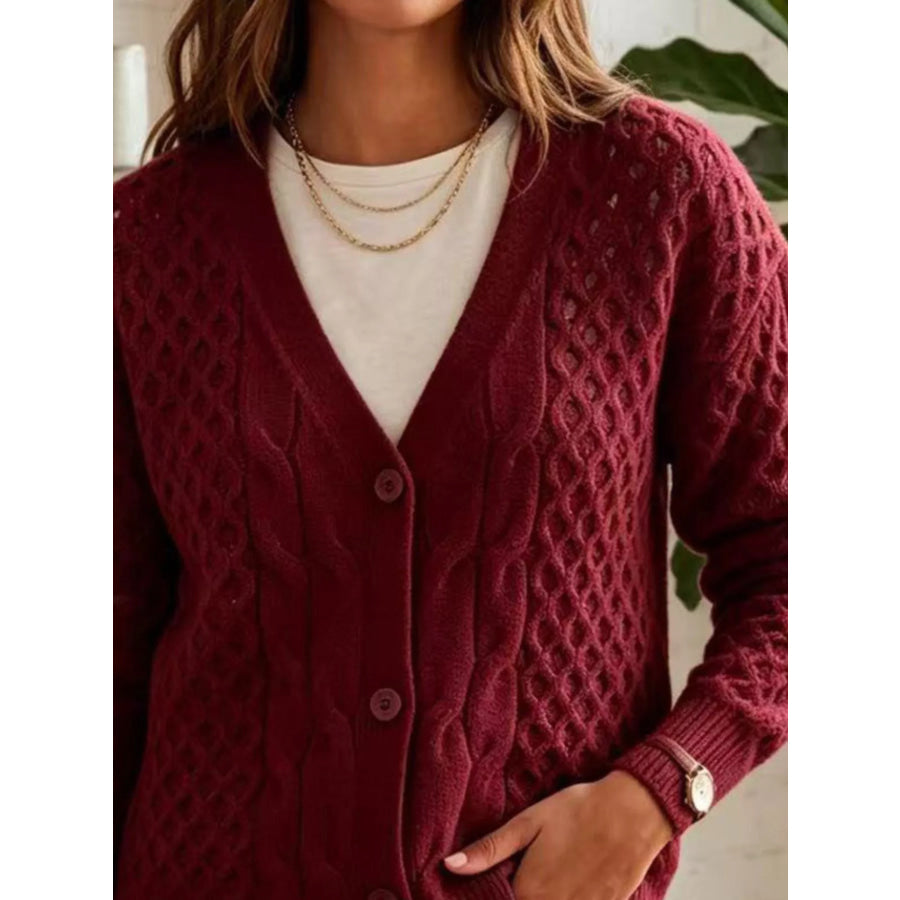 Cable-Knit V-Neck Button-Down Cardigan Apparel and Accessories