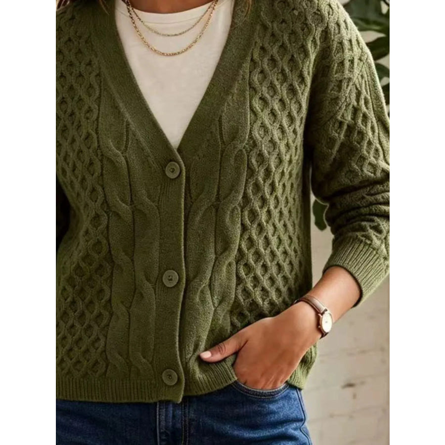 Cable-Knit V-Neck Button-Down Cardigan Apparel and Accessories