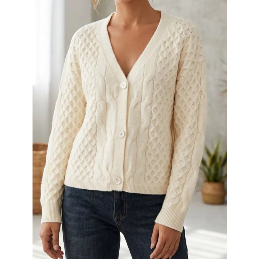 Cable-Knit V-Neck Button-Down Cardigan Apparel and Accessories