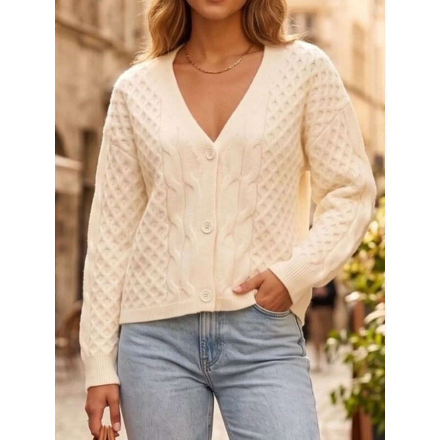 Cable-Knit V-Neck Button-Down Cardigan Apricot / S Apparel and Accessories