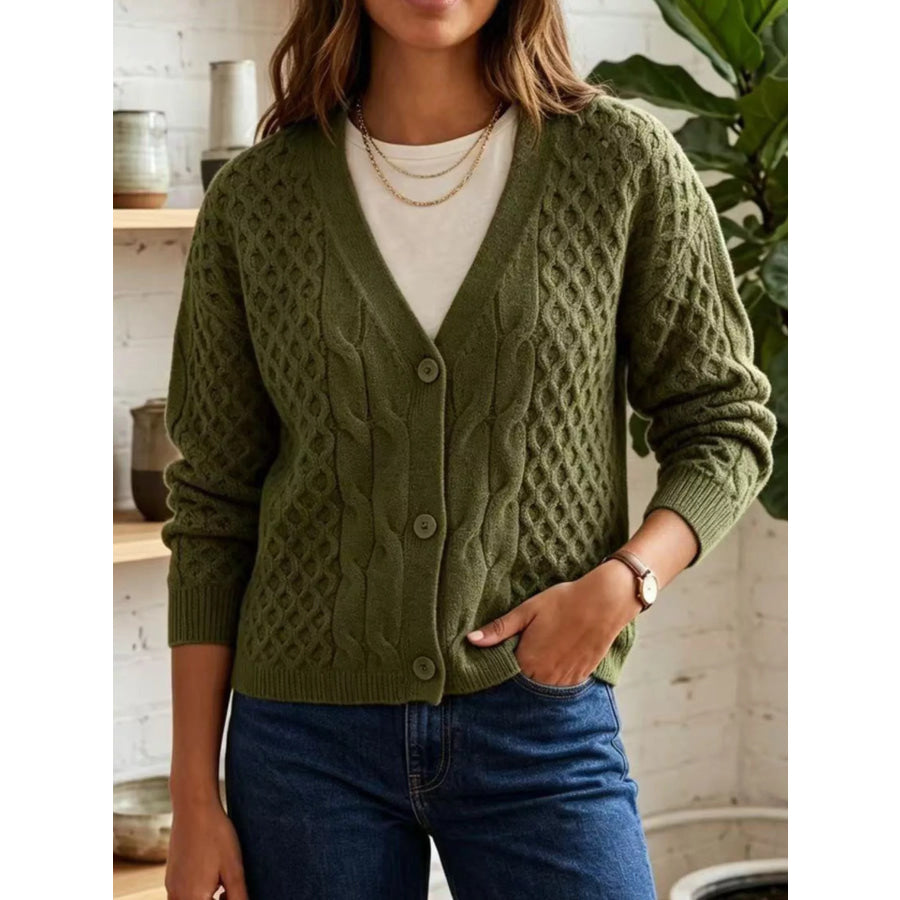 Cable-Knit V-Neck Button-Down Cardigan Army Green / S Apparel and Accessories