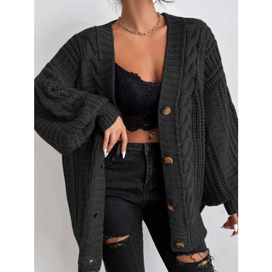 Cable Knit V-Neck Button-Down Cardigan Black / S Apparel and Accessories
