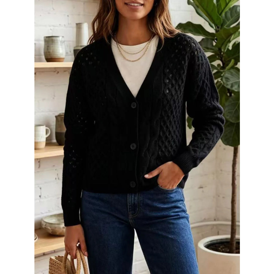 Cable-Knit V-Neck Button-Down Cardigan Black / S Apparel and Accessories