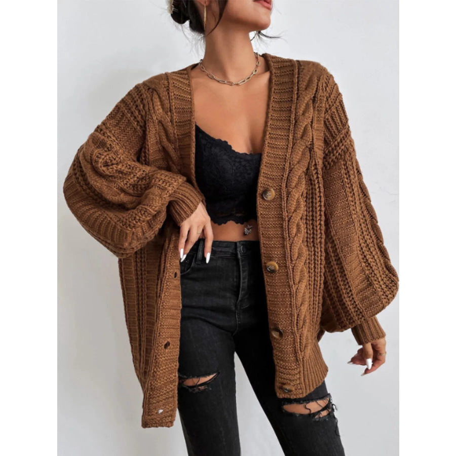 Cable Knit V-Neck Button-Down Cardigan Dark Brown / S Apparel and Accessories