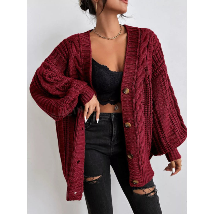Cable Knit V-Neck Button-Down Cardigan Deep Red / S Apparel and Accessories