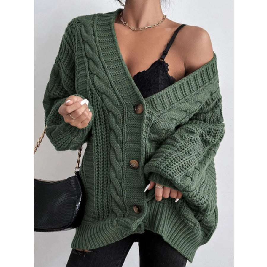 Cable Knit V-Neck Button-Down Cardigan Green / S Apparel and Accessories