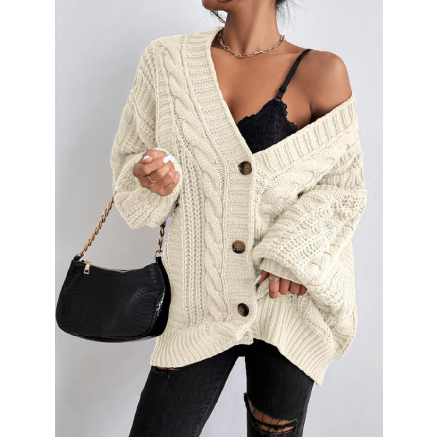 Cable Knit V-Neck Button-Down Cardigan Off-white / S Apparel and Accessories