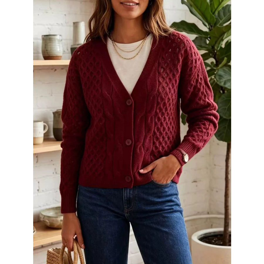 Cable-Knit V-Neck Button-Down Cardigan Wine Red / S Apparel and Accessories