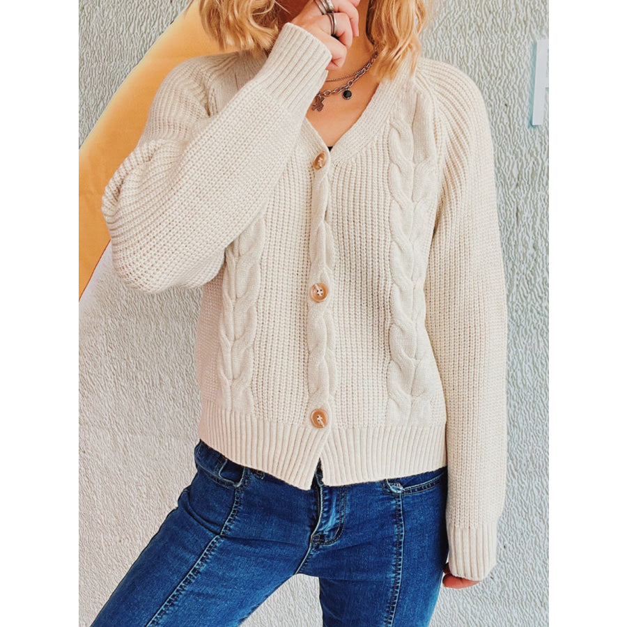 Cable-Knit V-Neck Button Down Long Sleeve Cardigan Apparel and Accessories