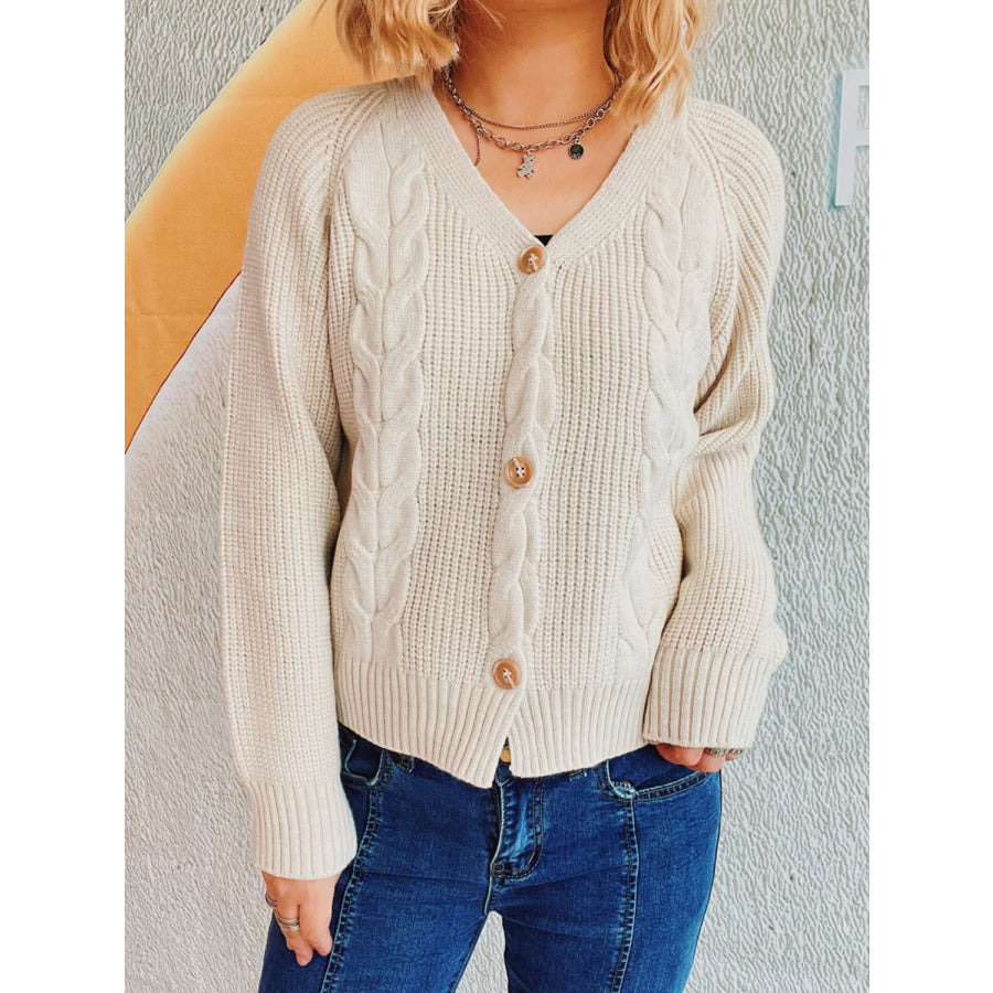 Cable-Knit V-Neck Button Down Long Sleeve Cardigan Beige / One Size Apparel and Accessories