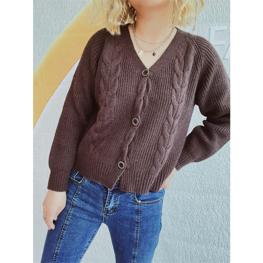 Cable-Knit V-Neck Button Down Long Sleeve Cardigan Brown / One Size Apparel and Accessories