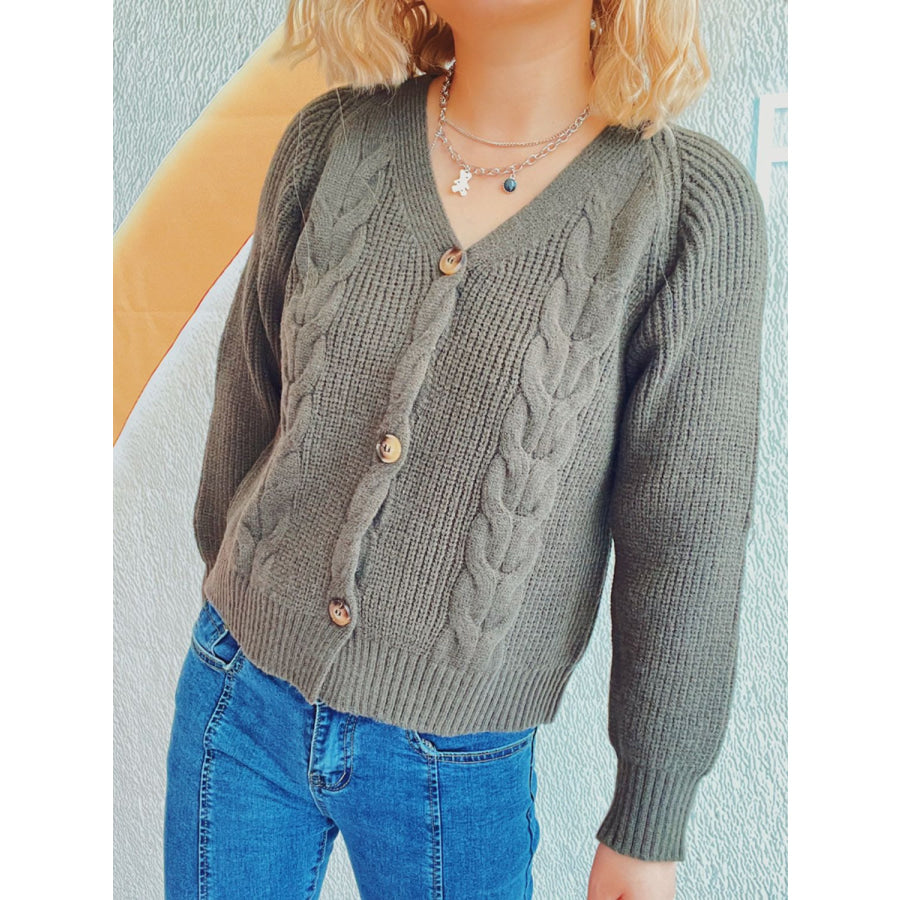 Cable-Knit V-Neck Button Down Long Sleeve Cardigan Sage / One Size Apparel and Accessories