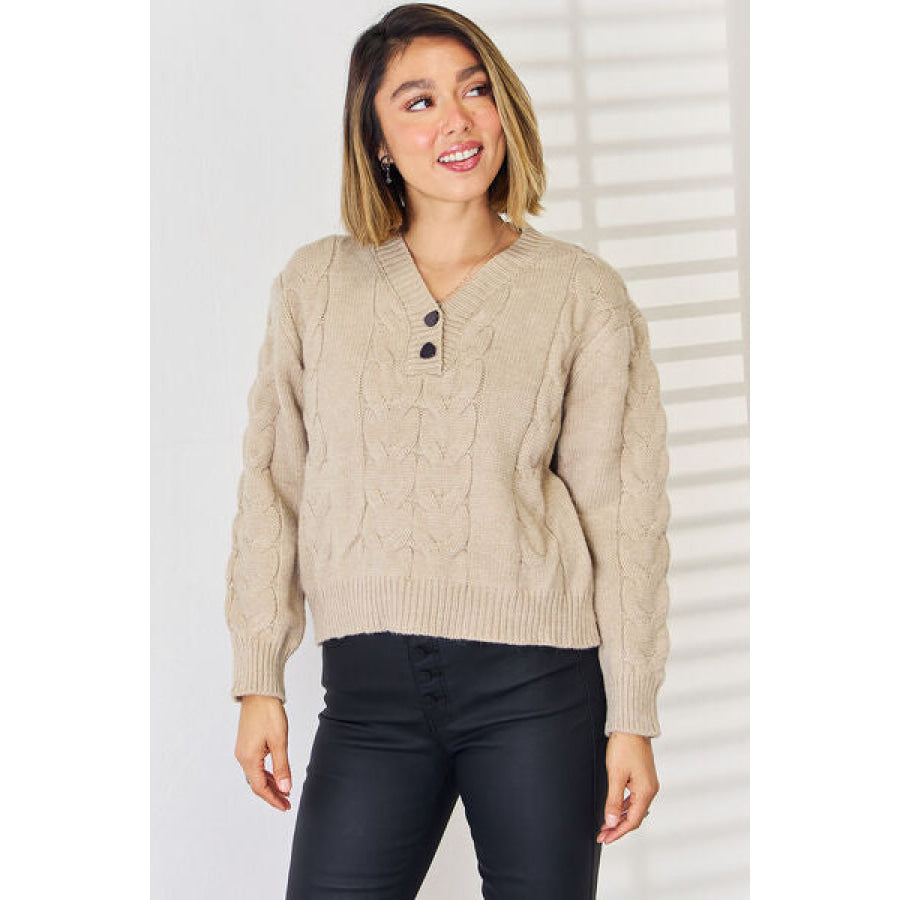 Cable - Knit V - Neck Dropped Shoulder Sweater Khaki / S Apparel and Accessories