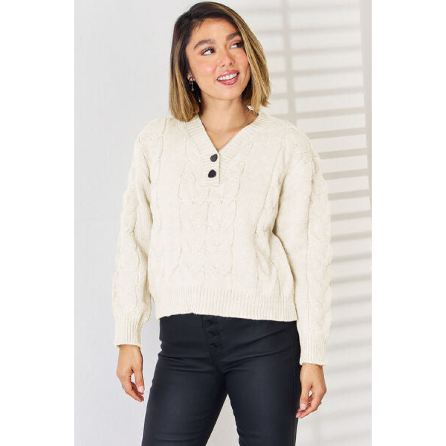Cable - Knit V - Neck Dropped Shoulder Sweater White / S Apparel and Accessories