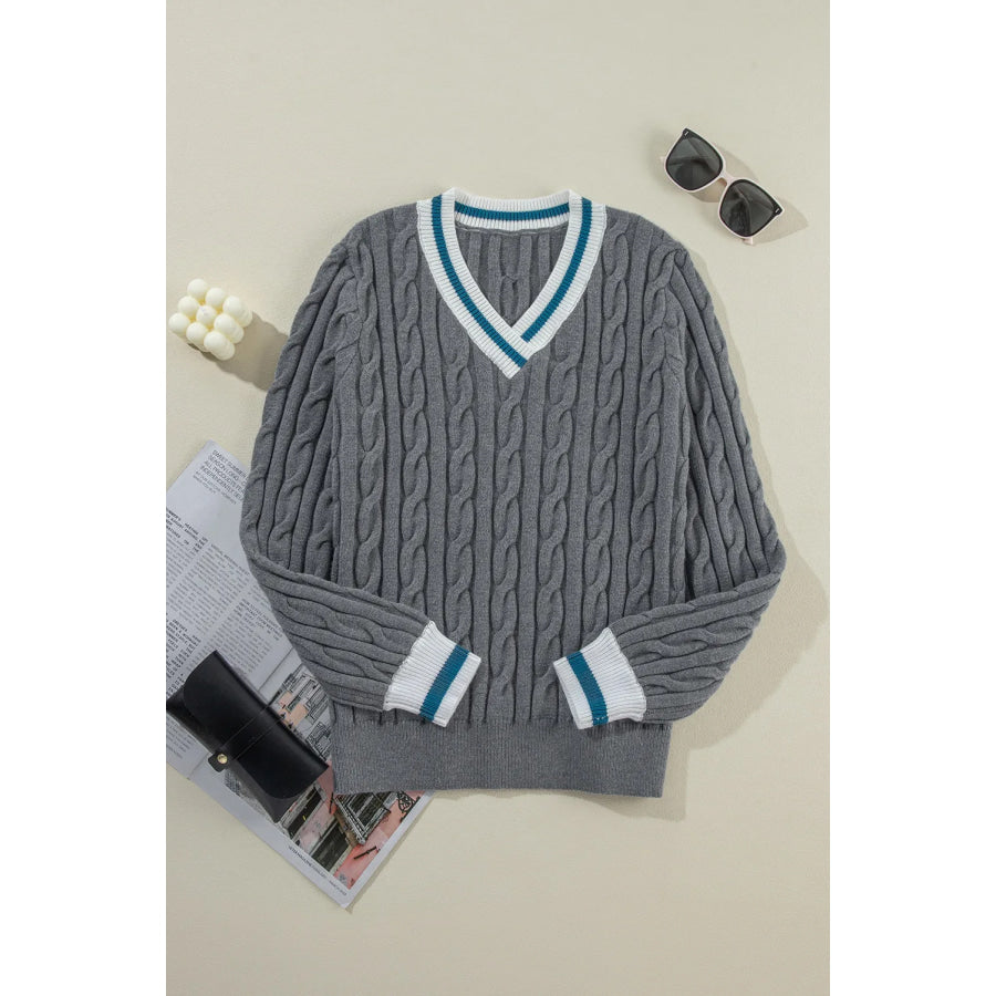 Cable-Knit V-Neck Long Sleeve Sweater Apparel and Accessories