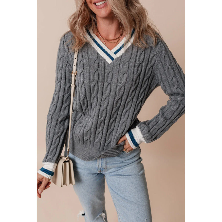 Cable-Knit V-Neck Long Sleeve Sweater Dark Gray / S Apparel and Accessories