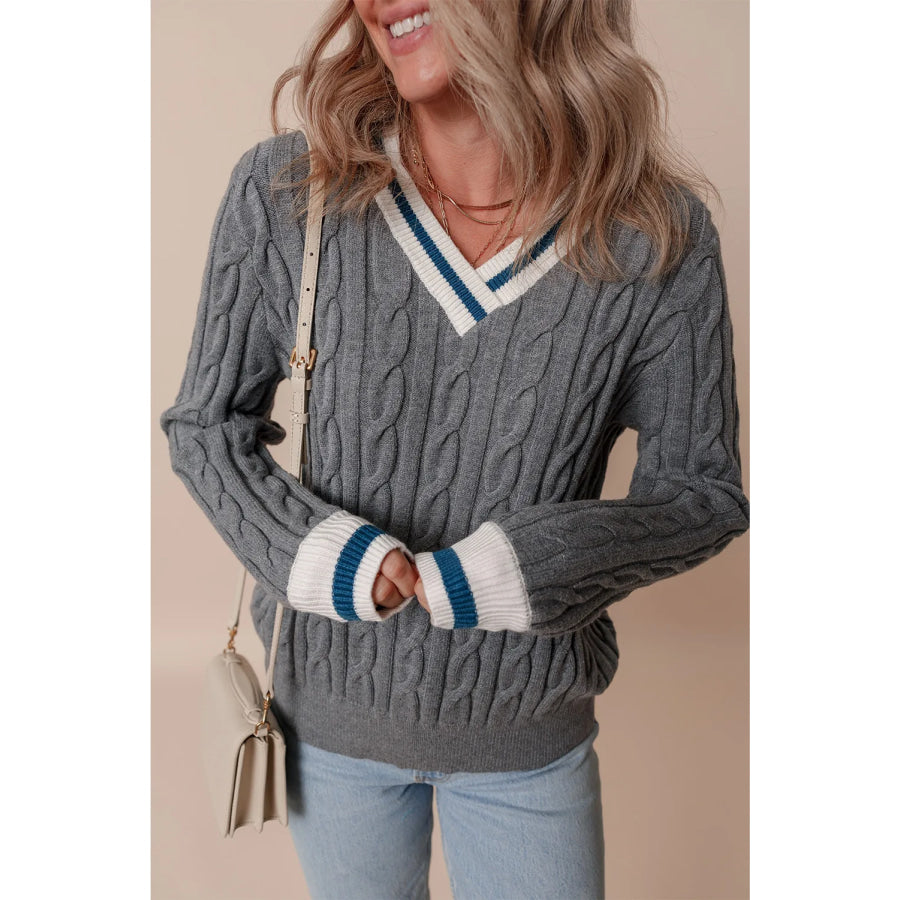 Cable-Knit V-Neck Long Sleeve Sweater Apparel and Accessories