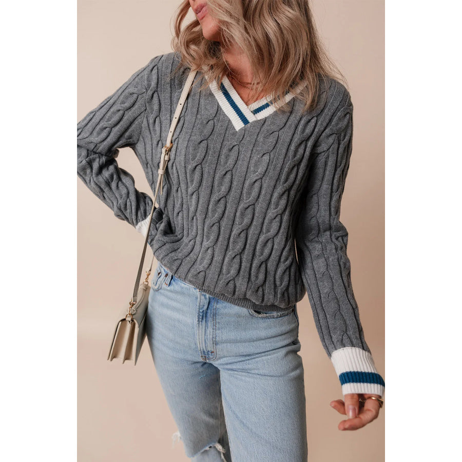 Cable-Knit V-Neck Long Sleeve Sweater Apparel and Accessories