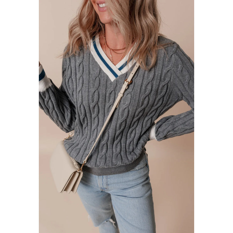 Cable-Knit V-Neck Long Sleeve Sweater Apparel and Accessories