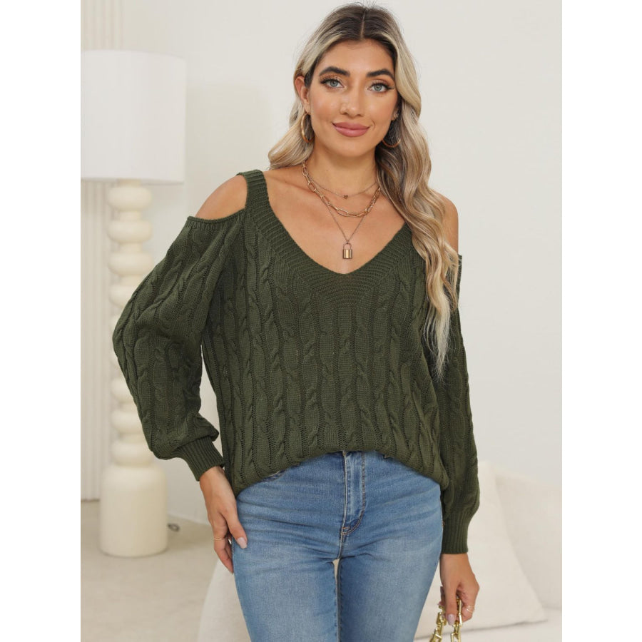 Cable-Knit V-Neck Long Sleeve Sweater Army Green / S Apparel and Accessories