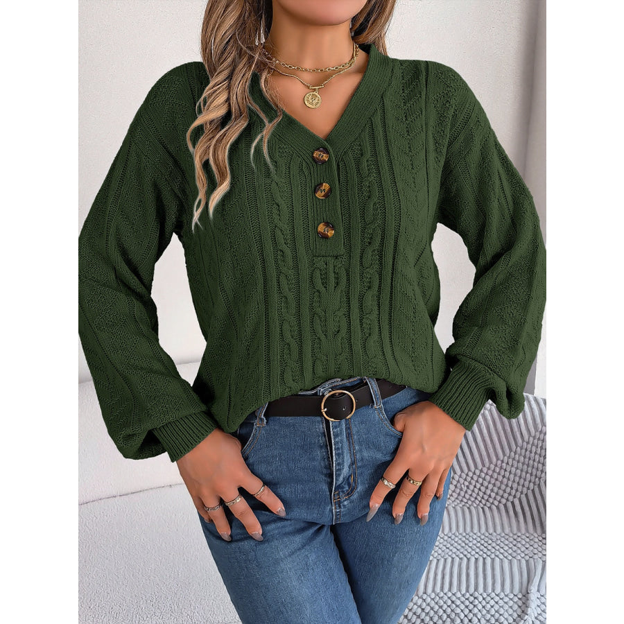 Cable-Knit V-Neck Long Sleeve Sweater Army Green / S Apparel and Accessories